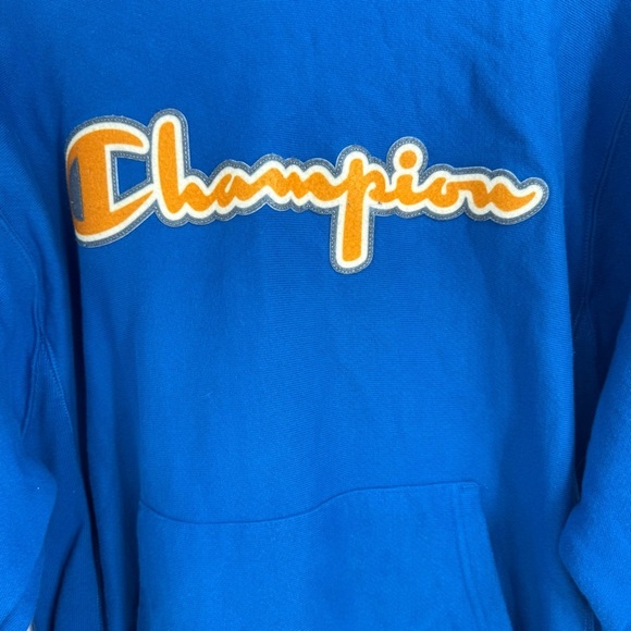 Champion Reverse Weave Size M Hoodie Sweatshirt Vintage Script Logo GF68 Blue - Picture 5 of 9